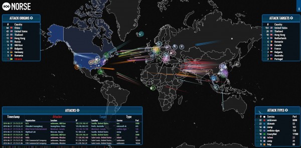Un mapa con ataques hackers en tiempo real